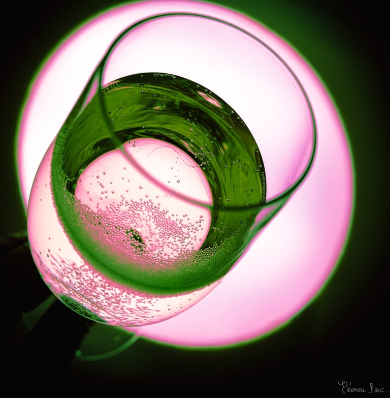 Abstraction Vinicole – Verre incliné, liquide vert et bulles rosées sur fond magenta