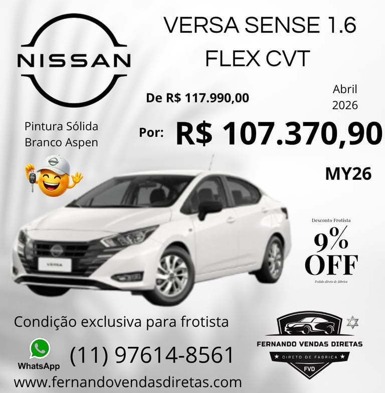 White Nissan Versa Sense 1.6 Flex CVT car with 9% fleet discount offer in Brazil.