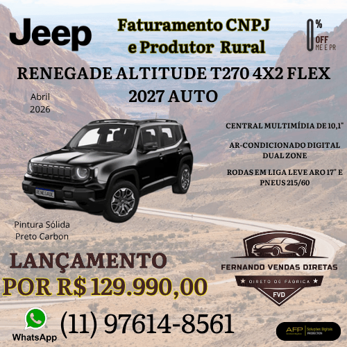 Black Jeep Renegade Altitude T270 SUV with promotional pricing for CNPJ and rural producers.