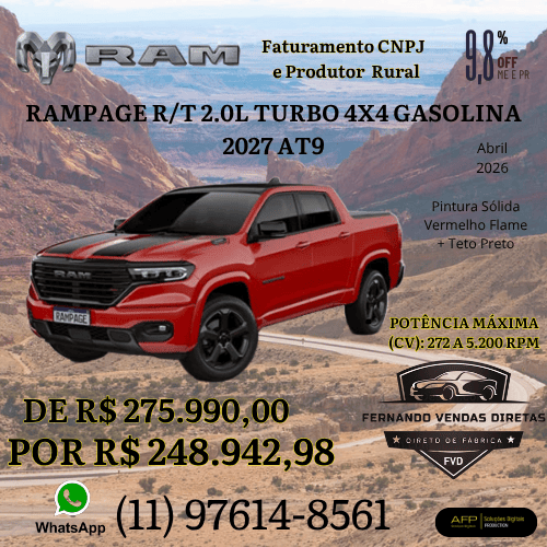 Red 2027 Ram Rampage R/T 2.0L Turbo 4x4 pickup truck on a desert road with sales pricing and contact info.