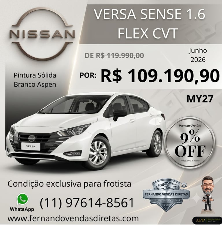 White Nissan Versa Sense 1.6 Flex CVT car offer for fleet owners in Aspen White.
