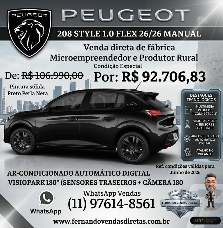 Black Peugeot 208 Style 1.0 Flex with special promotional pricing for micro-entrepreneurs and rural producers.