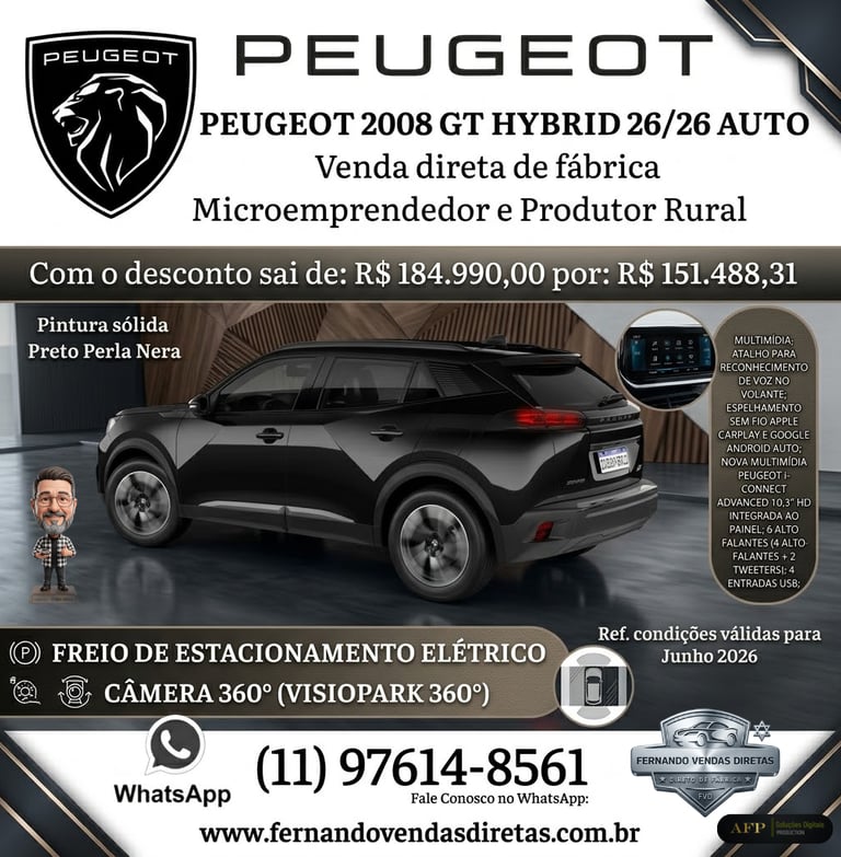 Peugeot 2008 GT Hybrid in Preto Perla Nera for sale to micro-entrepreneurs and rural producers.