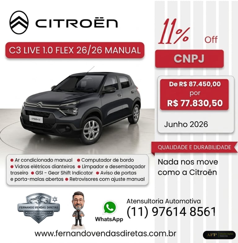Promotional banner for a grey Citroën C3 Live 1.0 Flex manual car with price discount for CNPJ.