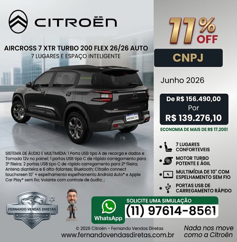 Black Citroen C3 Aircross 7-seater SUV promotional ad with discount for CNPJ buyers.