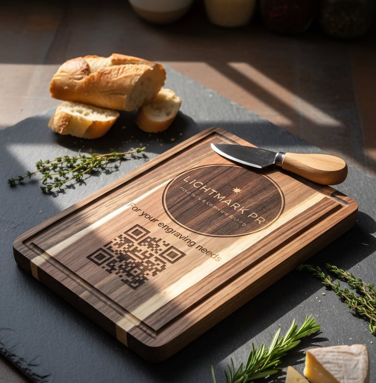 a cutting board with lightmarkpr logo