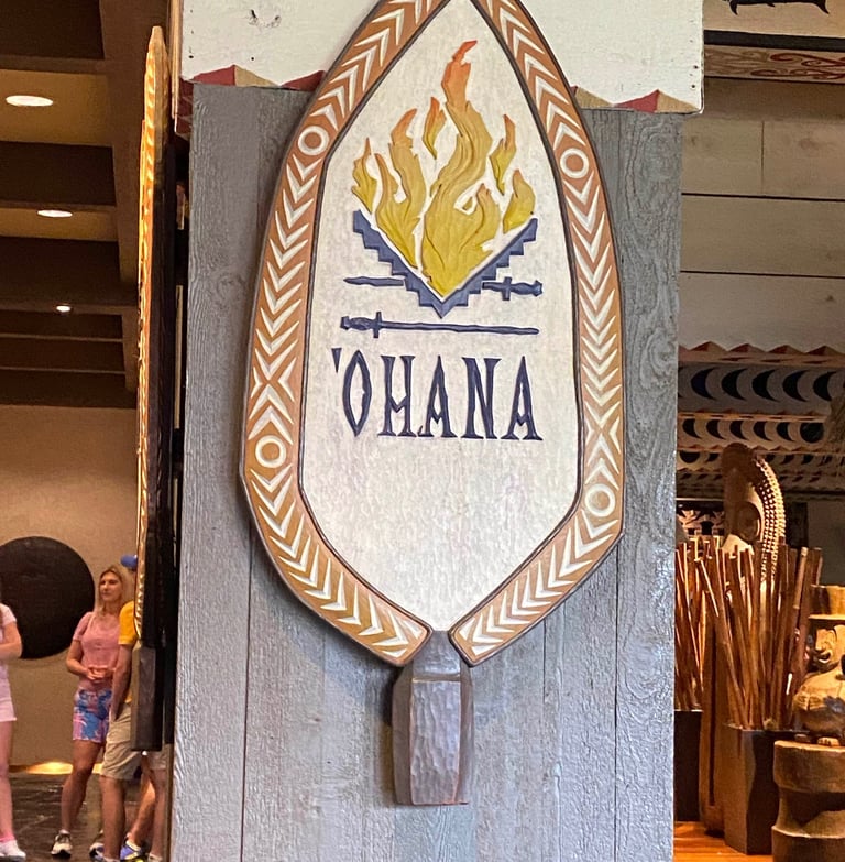 The sign for Ohana, a character dining spot at Disney's Polynesian Village Resort in Florida.