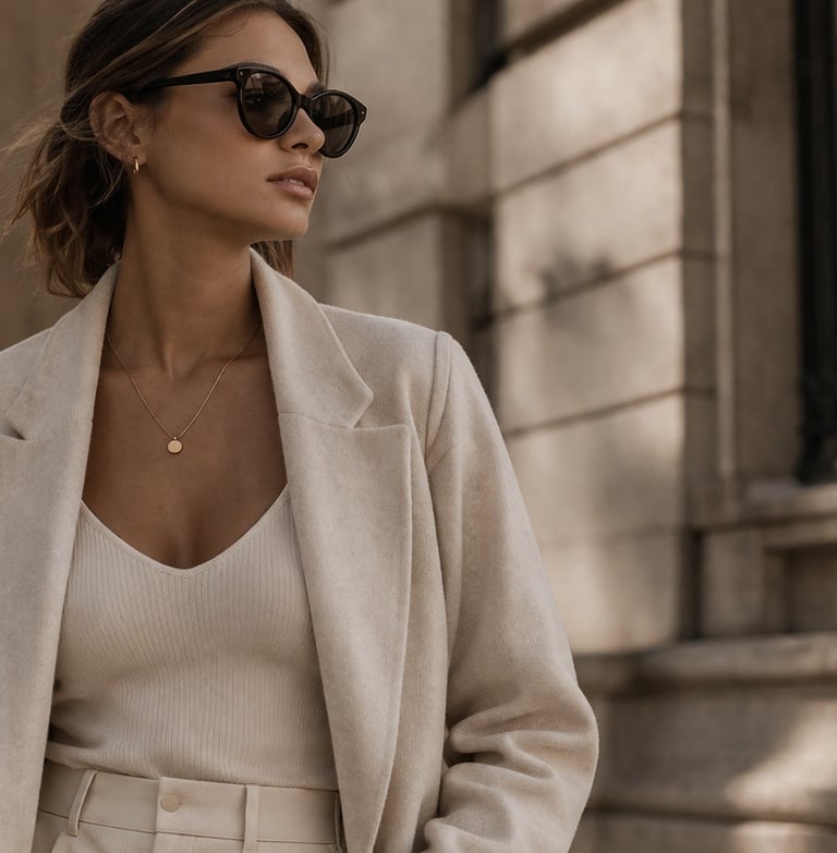 Minimalist beige outfit modern luxury street style.