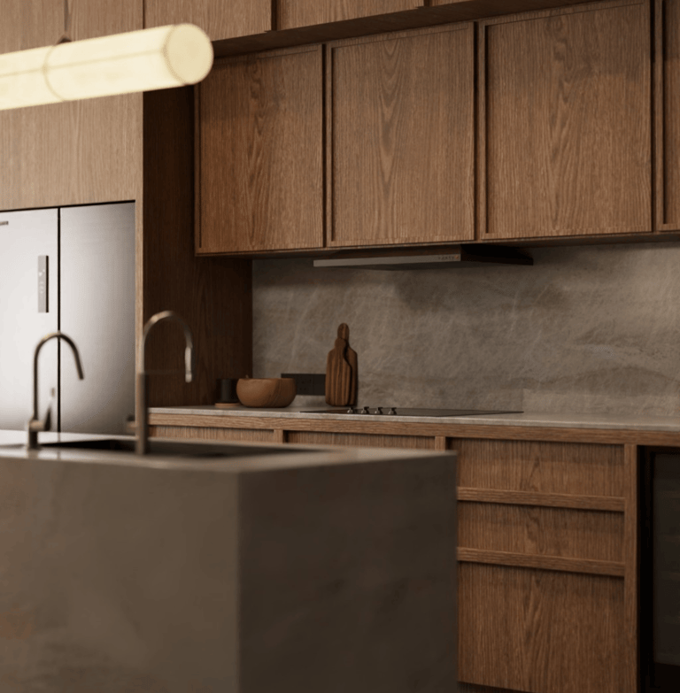 Contemporary kitchen with a sleek sink and subtle textures.