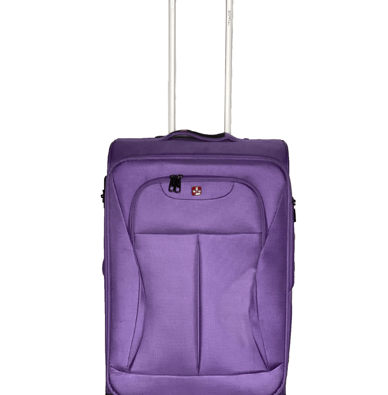 a purple travelling trolley bags with four wheel