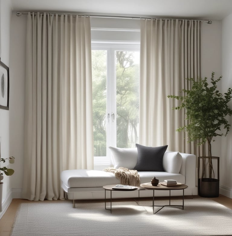 Golden curtains with folds and soft textures are prominently displayed, creating an impression of elegance and luxury.