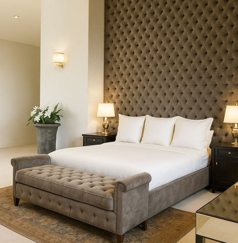 Tufted bed and bench with dark wall paneling, custom-designed by Solo Home Decor for a luxe bedroom.