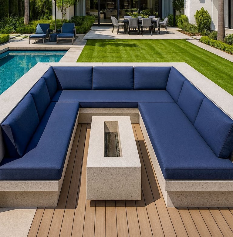 Elegant navy sectional by Solo Home Decor in a luxury backyard with pool, modern fire pit, and lush landscaping.