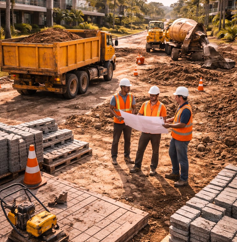 Canteiro de obras em condomínio horizontal com caminhões e equipe de engenharia