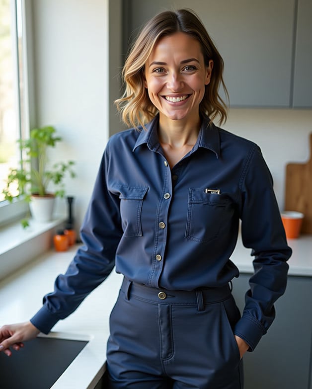 Female plumber in navy uniform in modern kitchen