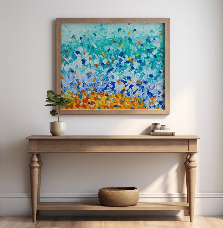 a colorful abstract painting of a wave on a beach