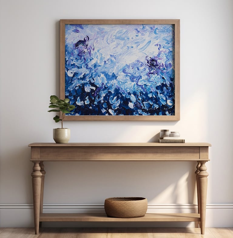 a painting of a blue and white abstract seascape