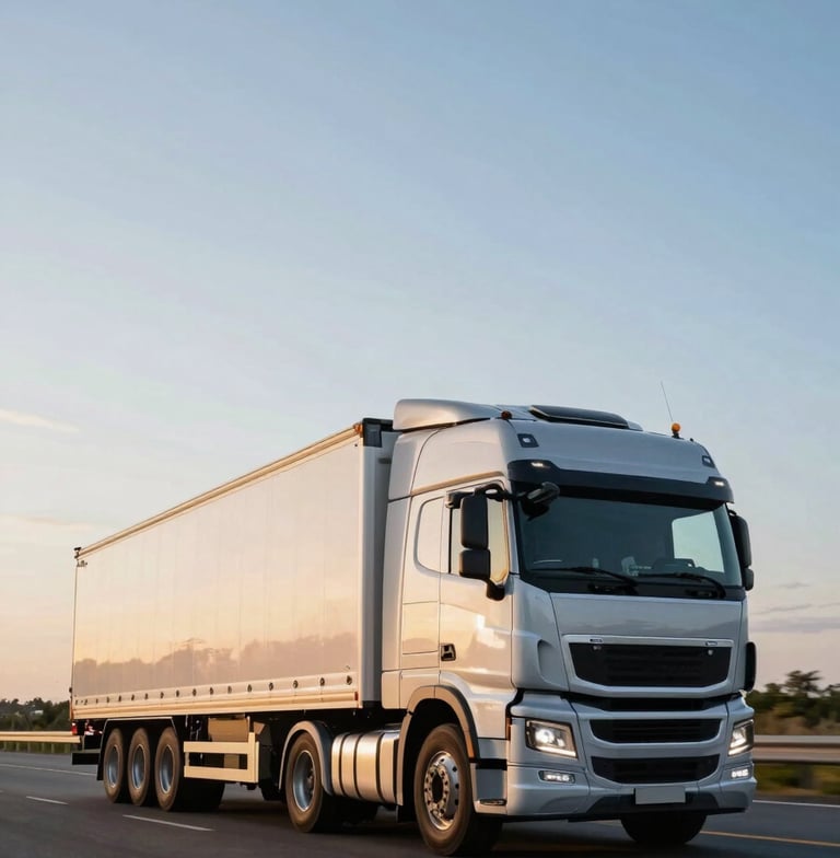 A high-end, clean photograph of a modern freight truck driving on a vast highway during the golden hour. The sky shows hints of steel blue and soft off-white. The truck is sleek, reflecting a professional and efficient image. Wide-angle shot focusing on the motion and reliability of transport.