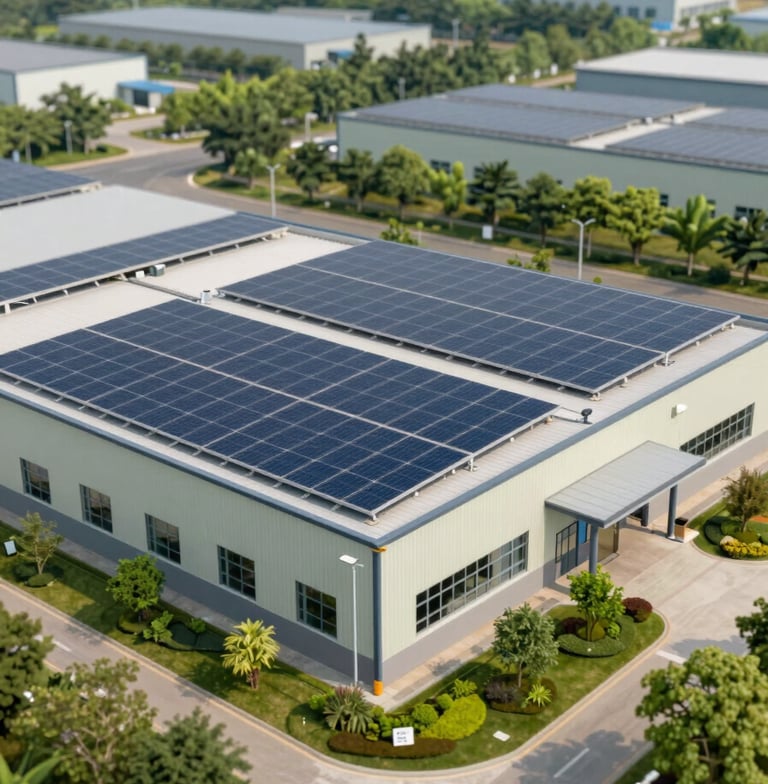 A wide-angle shot of a modern, eco-friendly waste processing center featuring solar panels on the roof and lush green landscaping around the perimeter. The building uses materials in #B0C8BE tones, reflecting an innovative and serene presence in nature.