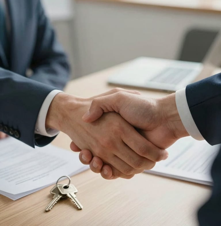 A close-up photograph of two hands shaking firmly over a clean wooden table in a bright North American office setting. A pair of house keys and professional documents are visible in the soft-focus background. The lighting is warm and natural, using a palette of muted blue and off-white to convey a sense of a successful, professional agreement.