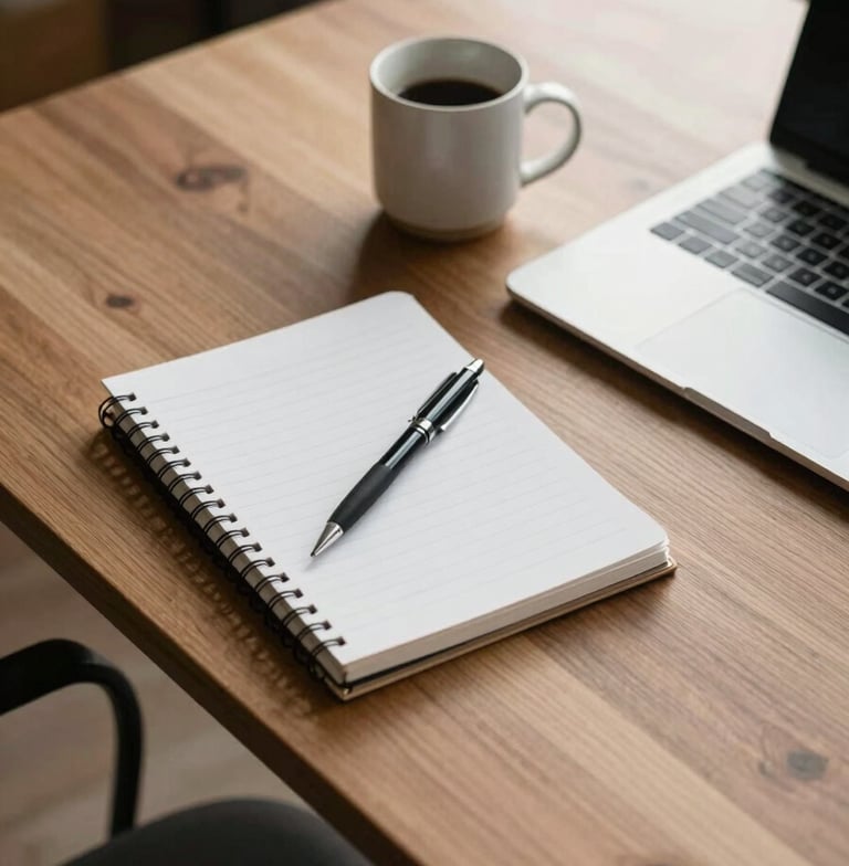 A top-down photographic shot of a clean, minimalist wooden desk in a North American home office. A single notebook, a premium black pen, and a ceramic mug sit beside a laptop, bathed in soft, natural morning light. The composition is sophisticated and calm.