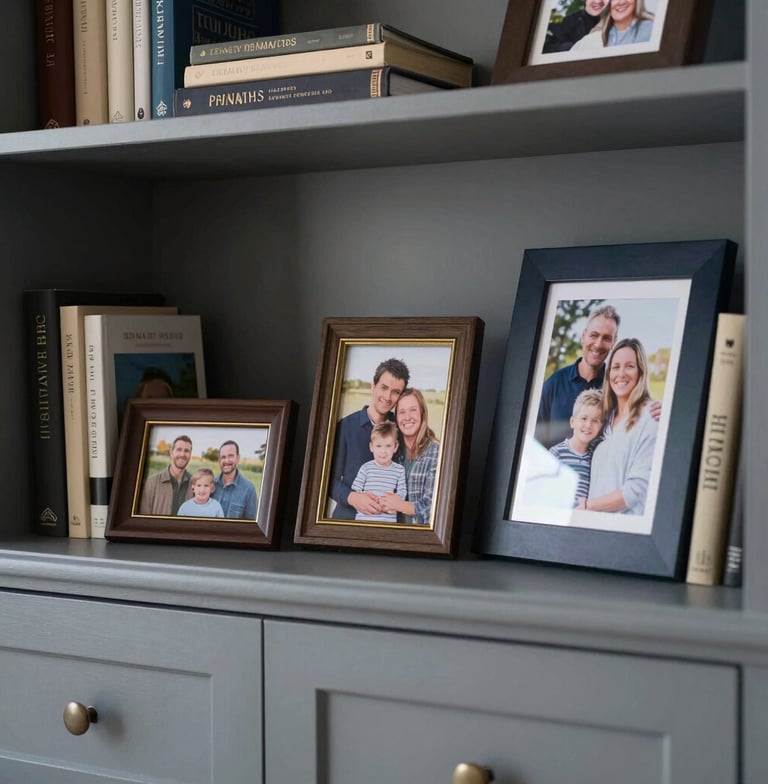 A tranquil, high-end residential interior in the British countryside, representing a secure home environment. The focus is on a shelf with family photos and books, symbolizing the protection of family assets and wealth preservation. Photography style is sharp and modern, with a sophisticated color palette of slate gray and navy.