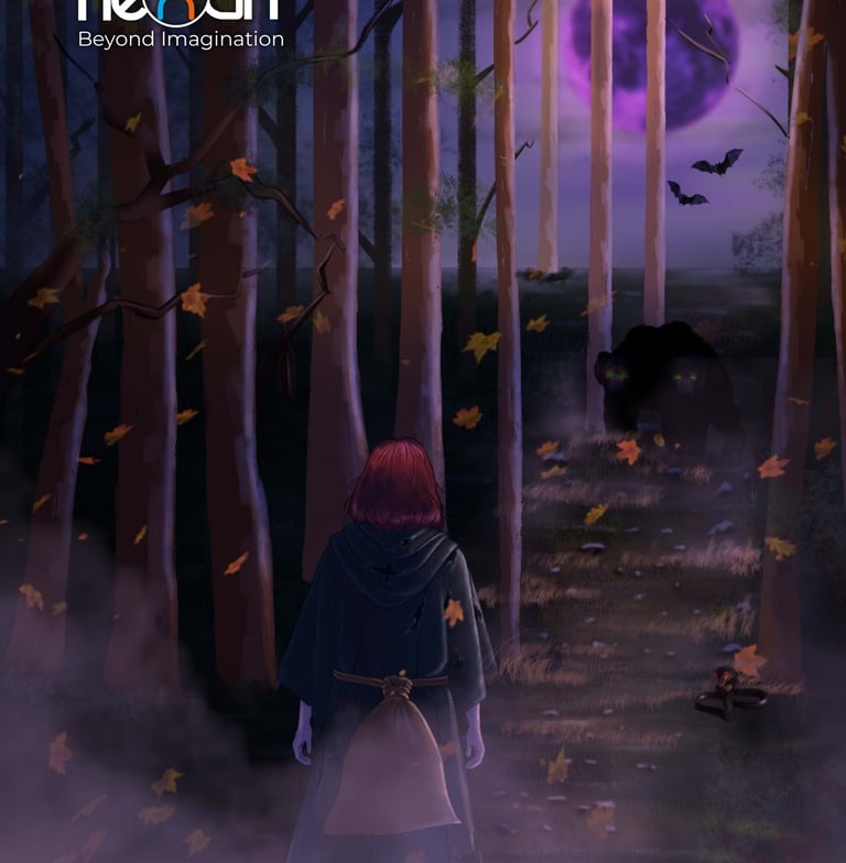 Illustration of a girl in a forest at night, facing a two-headed bear on the trail.