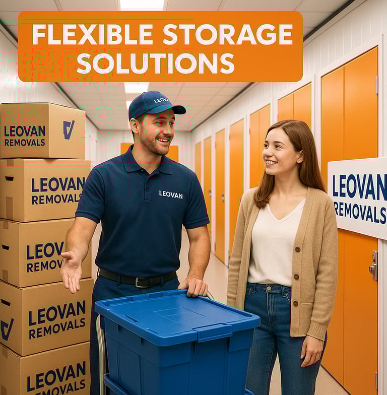 team of Leovan with customer inside of storage facility surrounded with boxes
