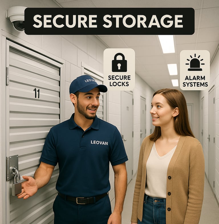 Leovan team member in storage facility locking safely unit with padlock for customer