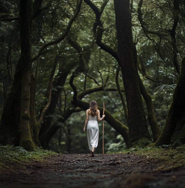 une femme en tenue blanche tient un bâton de marche en bois et marche sur un chemin de forêt