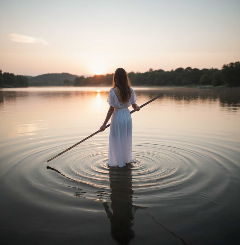 une femme en tenue blanche dessine des cercles dans l'eau avec un bâton de pèlerin en bambou
