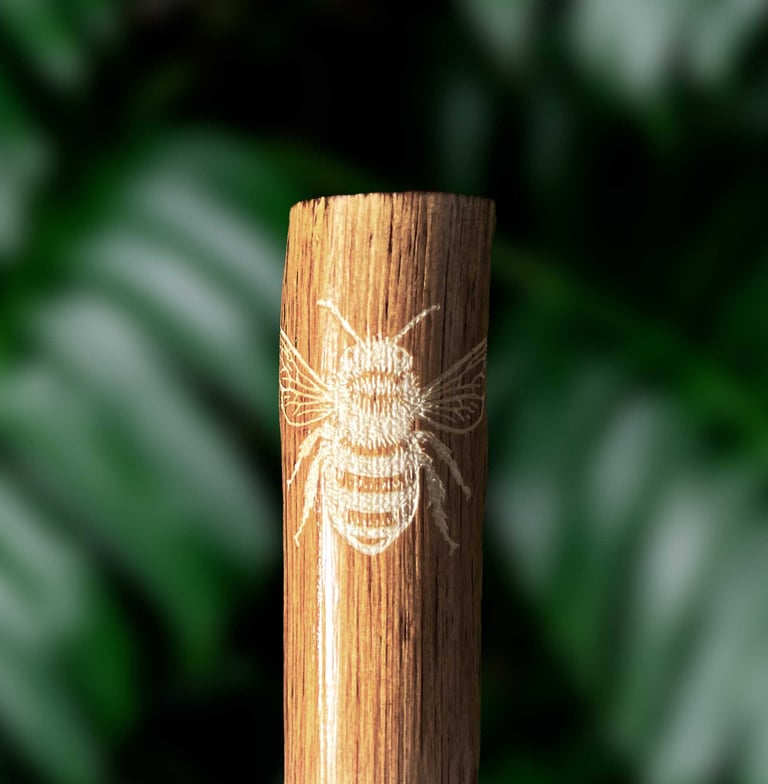 Détail gravure poignée bâton de marche en bois naturel