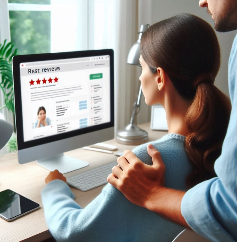 a man and woman looking at a computer screen