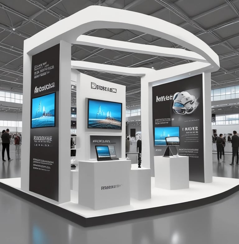 An indoor exhibition hall featuring various booths with blue signage and carpeting. People are conversing and navigating the space, which is brightly lit by overhead lighting. Portable signs and technology displays are visible throughout, and the space is open with a modern design.