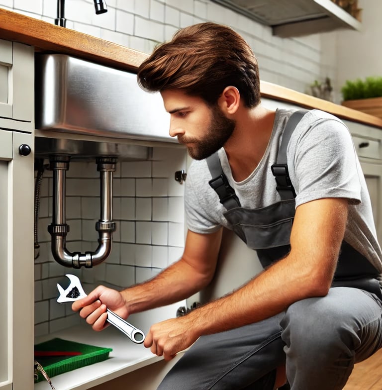 A handyman in South London repairing a kitchen sink with a wrench in a modern, well-maintained apart