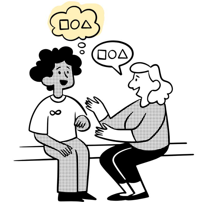 An illustration of two people talking happily