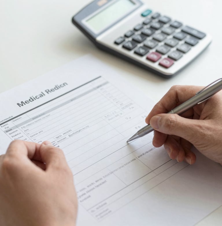 Close-up of hands highlighting a line item on a medical bill, calculator and pen on a clean desk, bright neutral daylight, desaturated cool tones with warm paper accents, sharp focus, 35mm