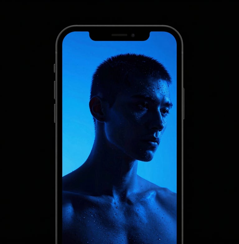 Close-up, high-contrast portrait-oriented shot of a mobile phone screen displaying a vibrant, scroll-stopping ad creative mockup, with electric blue highlights and deep shadows, editorial photography.