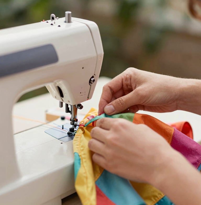 A portrait image of hands carefully sewing a colorful pet garment on a vintage sewing machine, natural daylight, focus on the intricate stitching and soft fabric, warm organic tones, shallow depth of field, 35mm lens.
