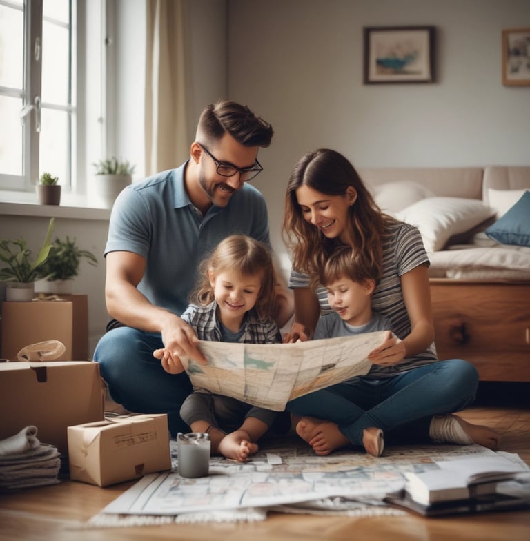 a family of three sitting on the floor of a living room