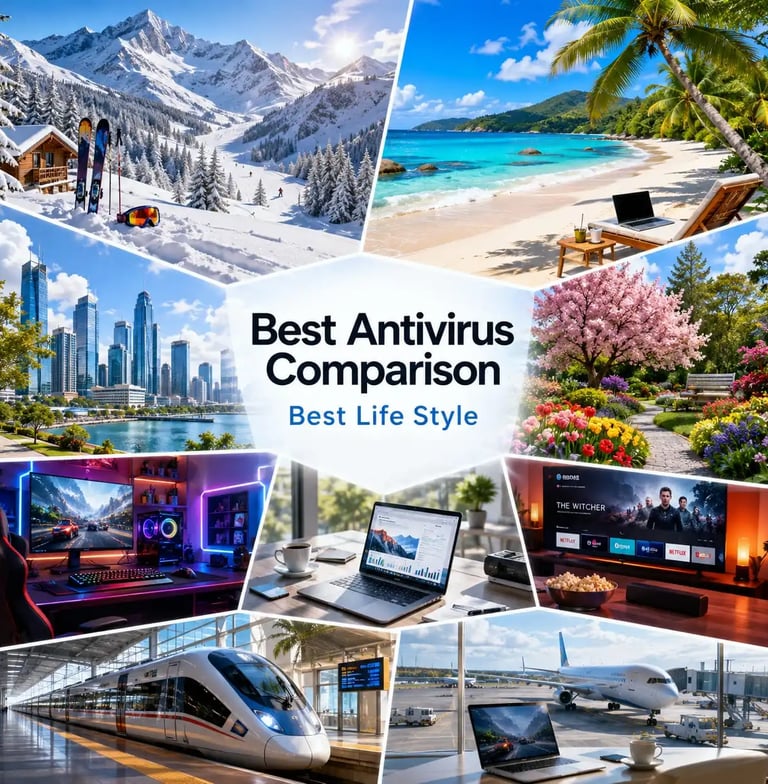 Premium lifestyle collage for Best Antivirus Comparison featuring travel, gaming, remote work, and smart home security.