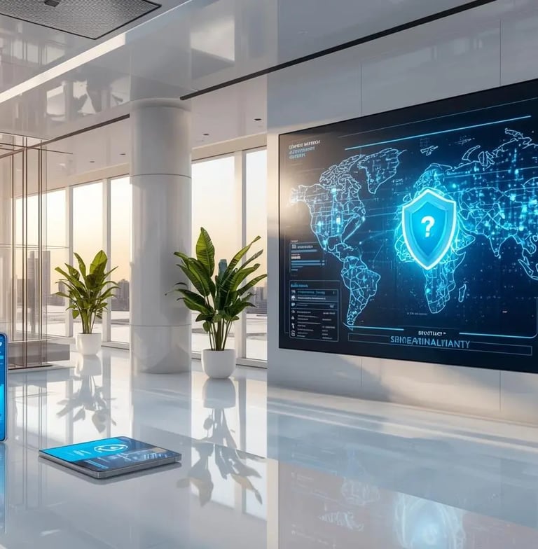 Luxury cybersecurity office with antivirus dashboard, global network map and blue digital protection shields