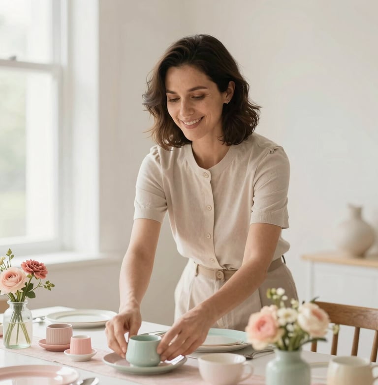 Portrait of a smiling woman (the founder) arranging a pastel-themed tablescape with natural window light, clean background, soft focus, shallow depth of field, warm neutral tones, pastel accents.