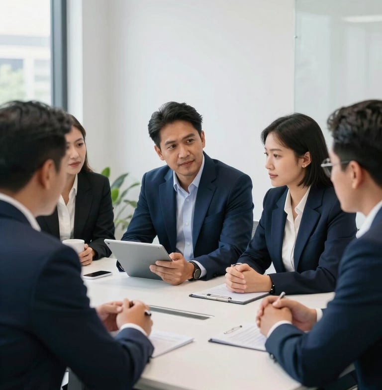 A group of professionals in a modern Southeast Asian / Indonesian office having a strategy meeting, focused on a tablet, bright natural lighting, Deep Midnight Blue and Elegant Pearl White accents in the minimalist office decor.