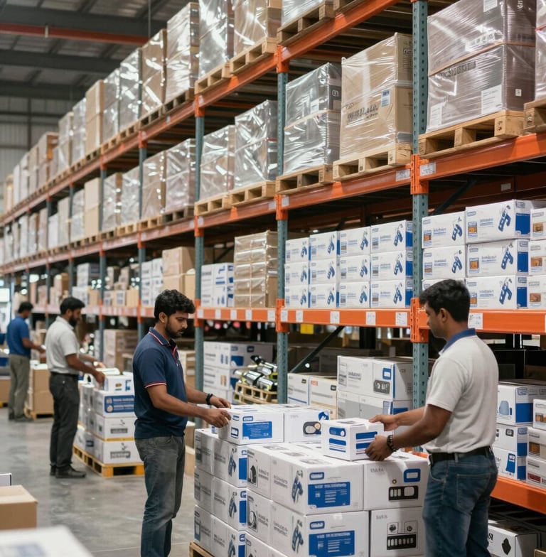 A bright and airy photograph of a large, modern electrical wholesale warehouse. Shelves are filled with neatly packaged Wire Grip boxes. South Asian workers are efficiently organizing inventory in a professional industrial environment.