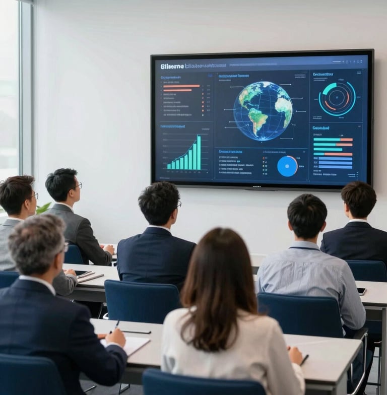 A diverse group of professionals in a Global / International high-tech conference room, looking at a large screen with data visualizations. The room is bright and clean with Ice White walls and Deep Navy furniture accents, reflecting a professional, results-driven atmosphere.