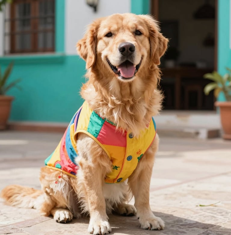 Fotografía de mascotas luminosa: un golden retriever feliz con una colorida camisa hecha a mano,