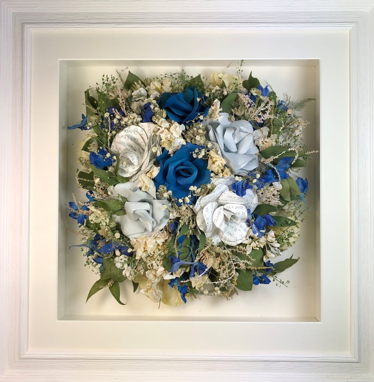Birdseye view preserved wedding bouquet with faux paper flowers in a frame