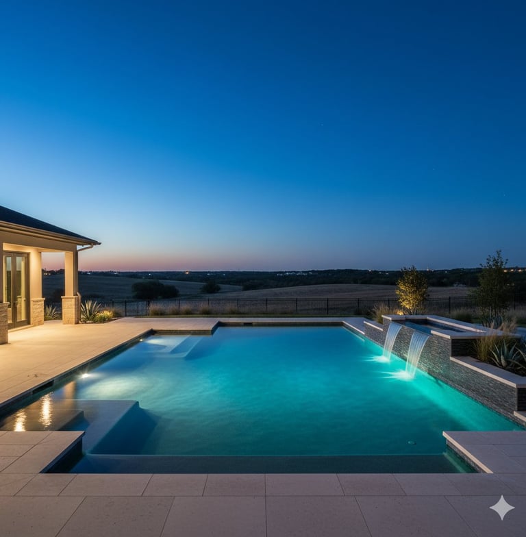 Well-lit backyard swimming pool at night with working pool lights creating a safe, inviting evening swimming environment