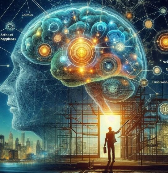 Persona frente a un cerebro iluminado y conectado, rodeado de nodos y redes futuristas. Svitlana Bytka.